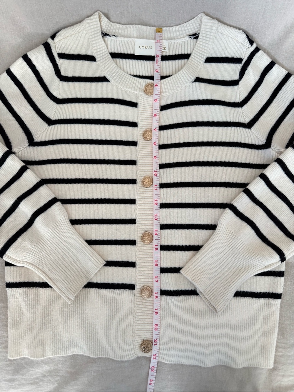 Cyrus | Lady Sweater | Cream & Black Breton Stripe Cardigan | Gold Buttons | S - Picture 10 of 12